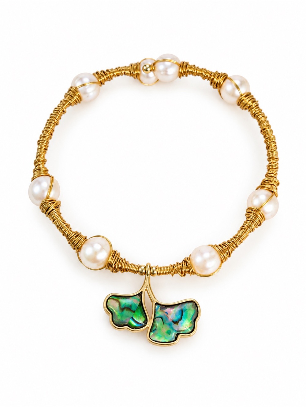 Handmade Freshwater Pearl Wire-Wrapped Bracelet with Iridescent Leaf Charm